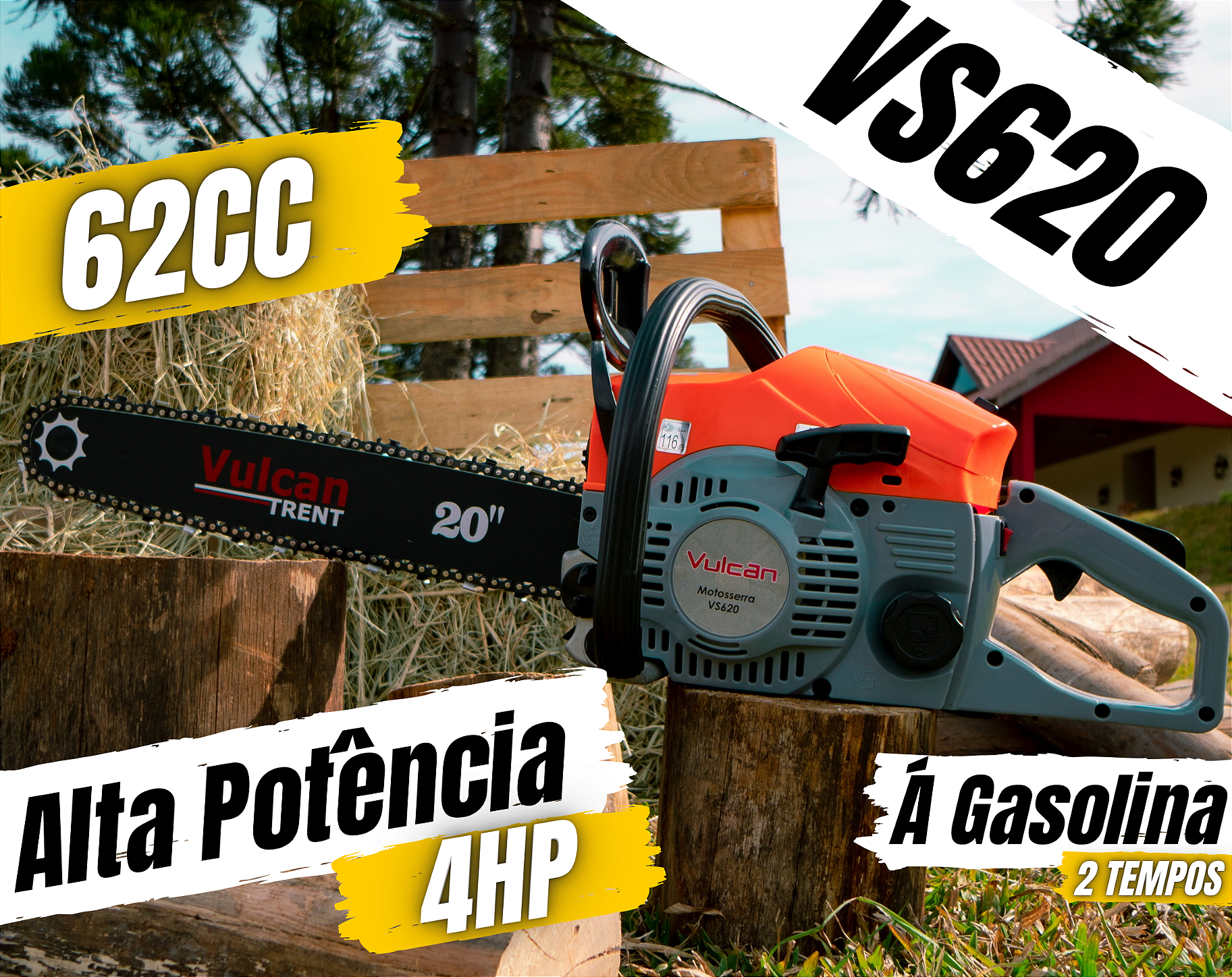 Motosserra Vulcan VS620 62CC 4HP 2T À Gasolina Com Sabre 20